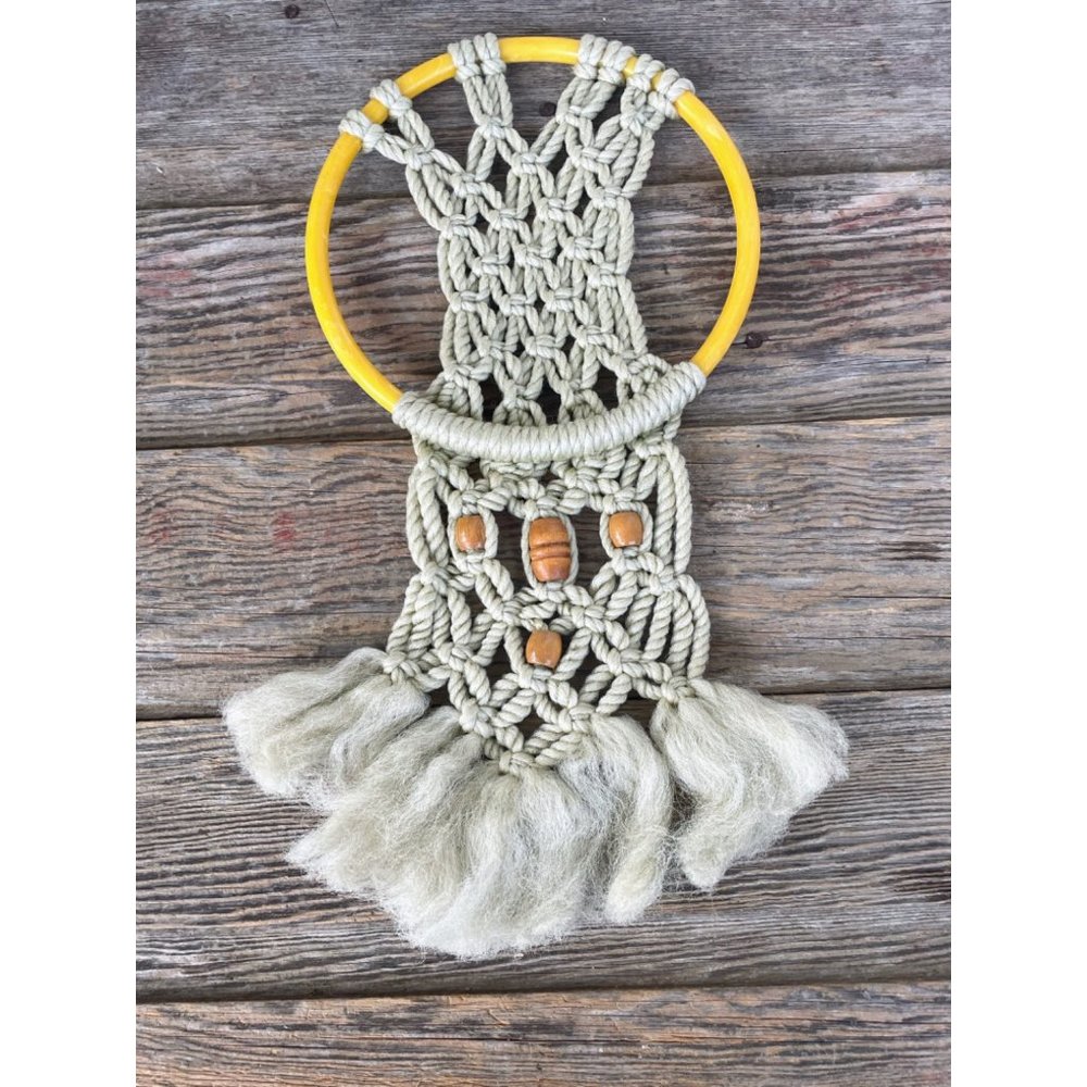 Vintage 1970s Macrame' wood beads weaving wall hanging
